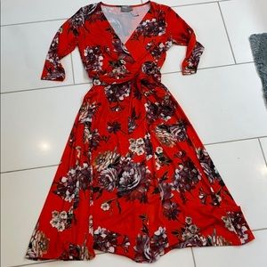 Red floral midi dress